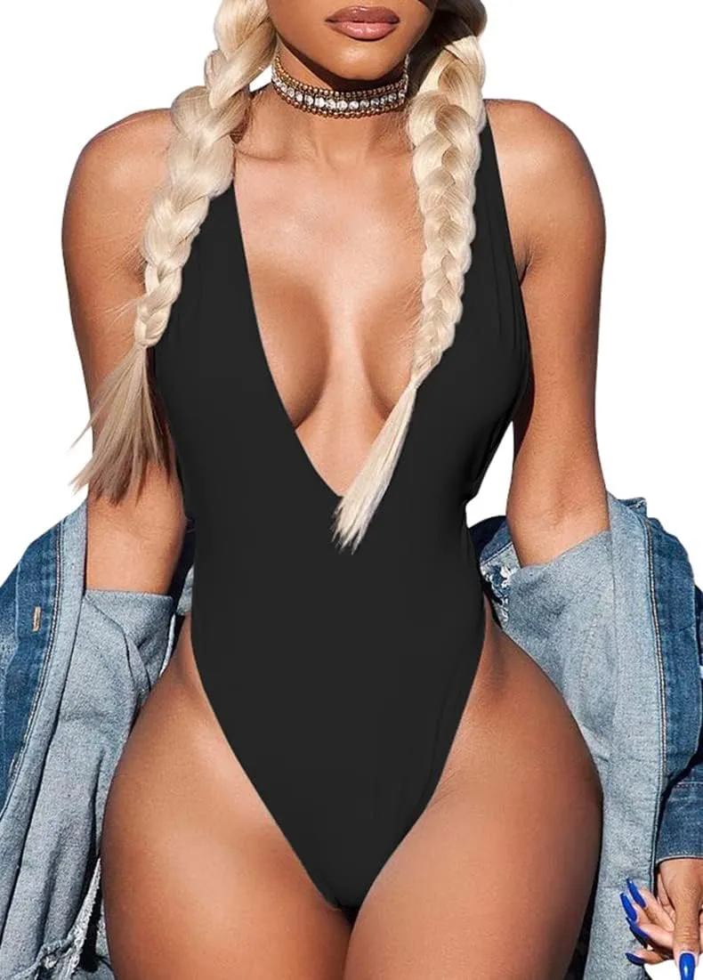 LAGSHIAN Women's Sexy One Piece Deep V Neck Sleeveless Tank Top Bodysuit Jumpsuit