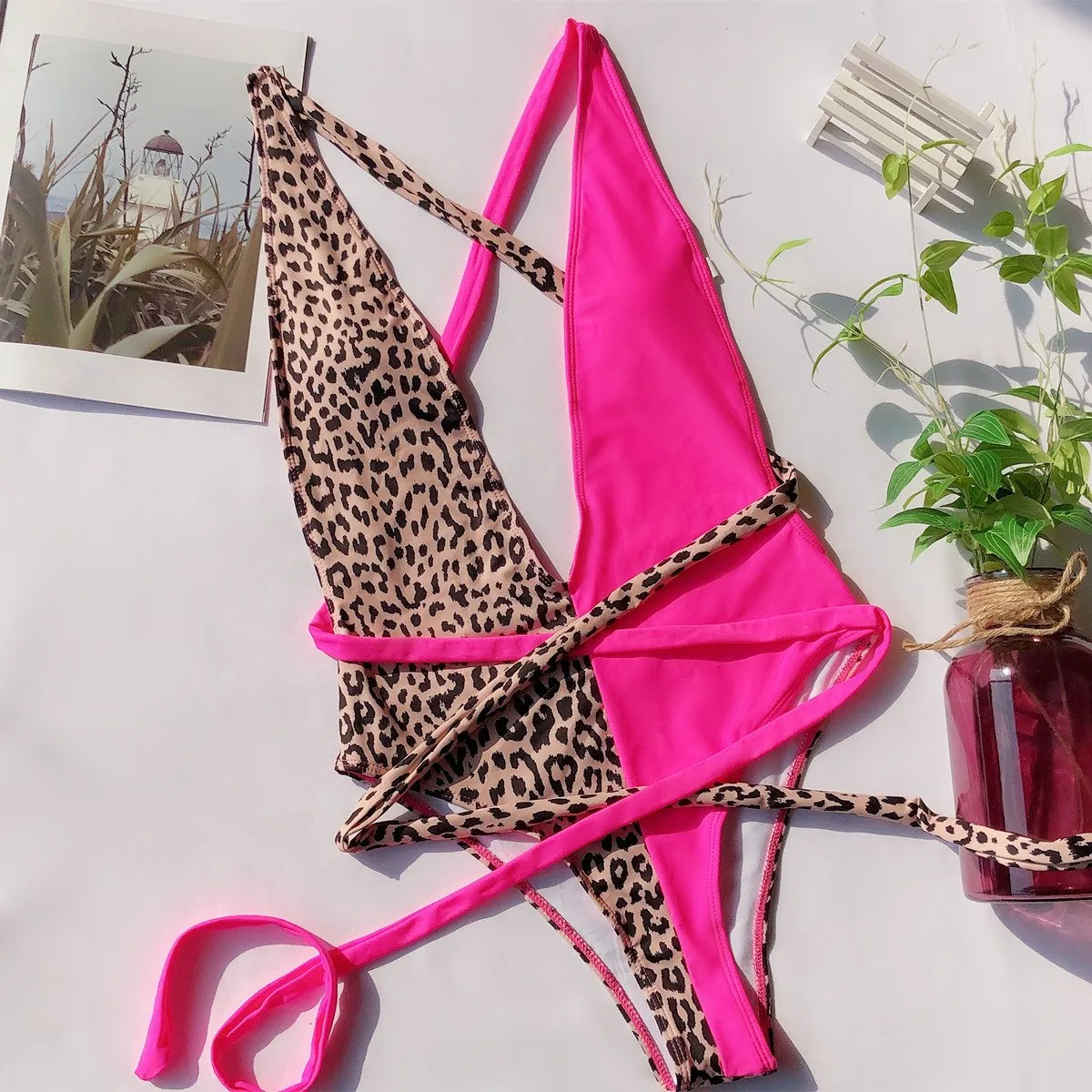 Leopard Colorblock Strappy Low Back High Cut Swimsuit