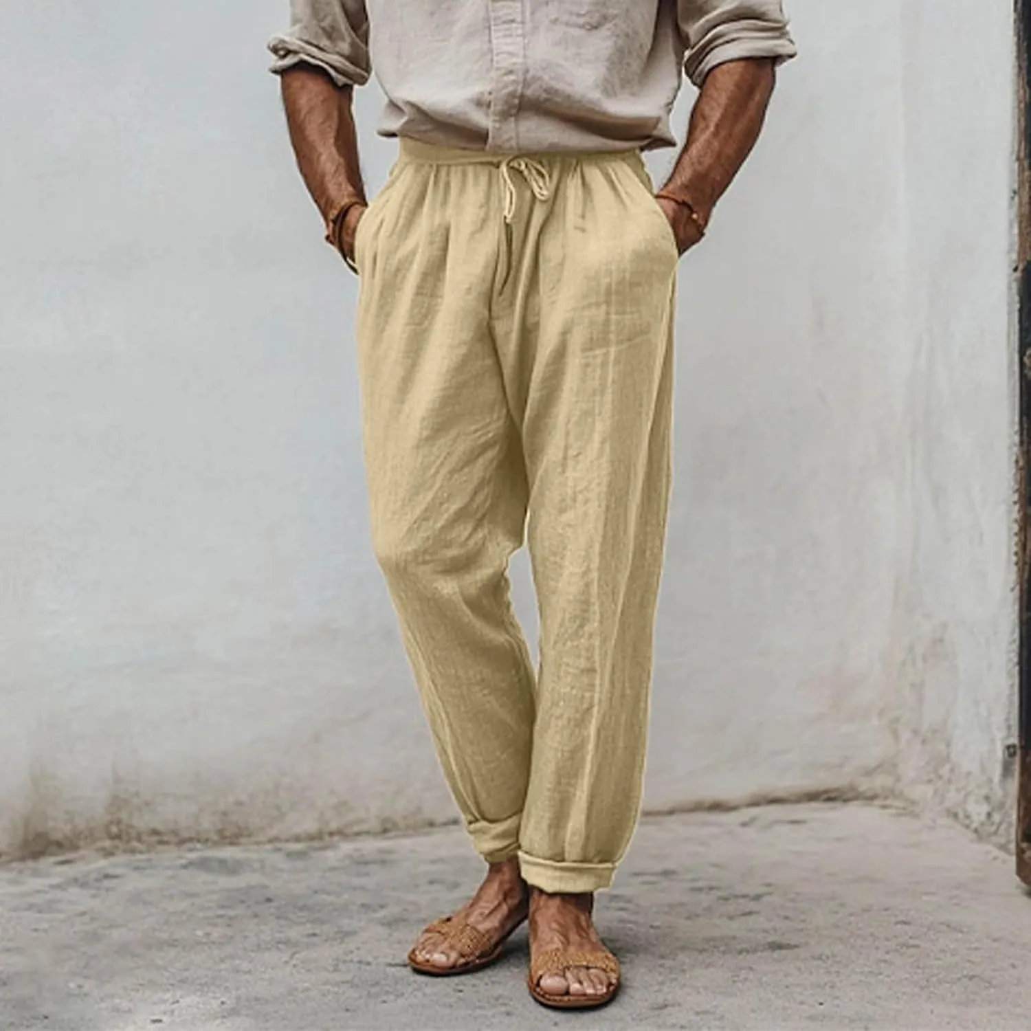 Linen Pants Men,Lightweight Drawstring Mens Casual Pants Relaxed Fit Summer Beach Trousers with Pockets