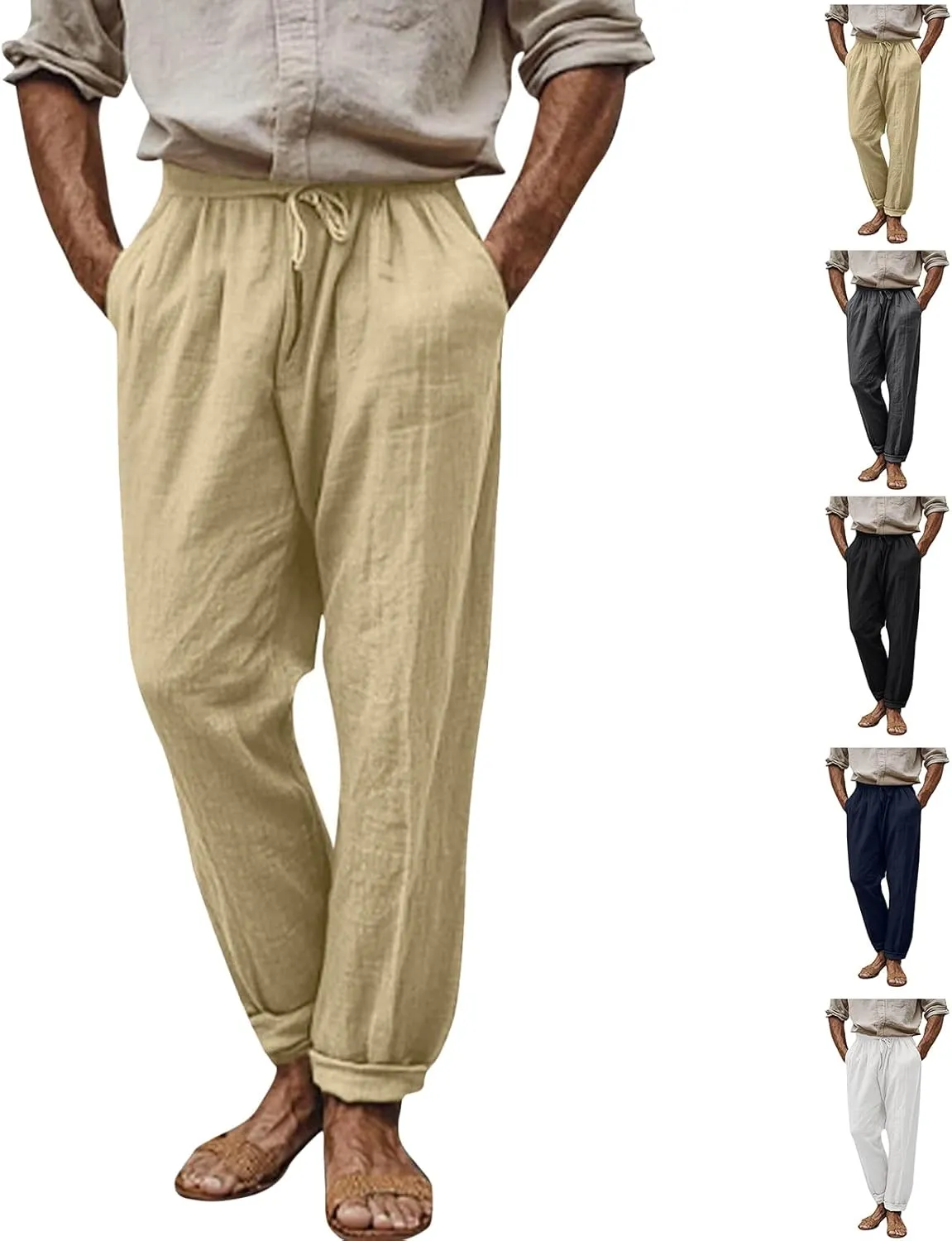 Linen Pants Men,Lightweight Drawstring Mens Casual Pants Relaxed Fit Summer Beach Trousers with Pockets