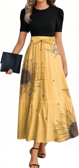 Long Floral Dresses for Women 2025 Elegant Boho Tie Belted Patchwork Empire Waist Short Sleeve Modest Flowy Maxi Dress