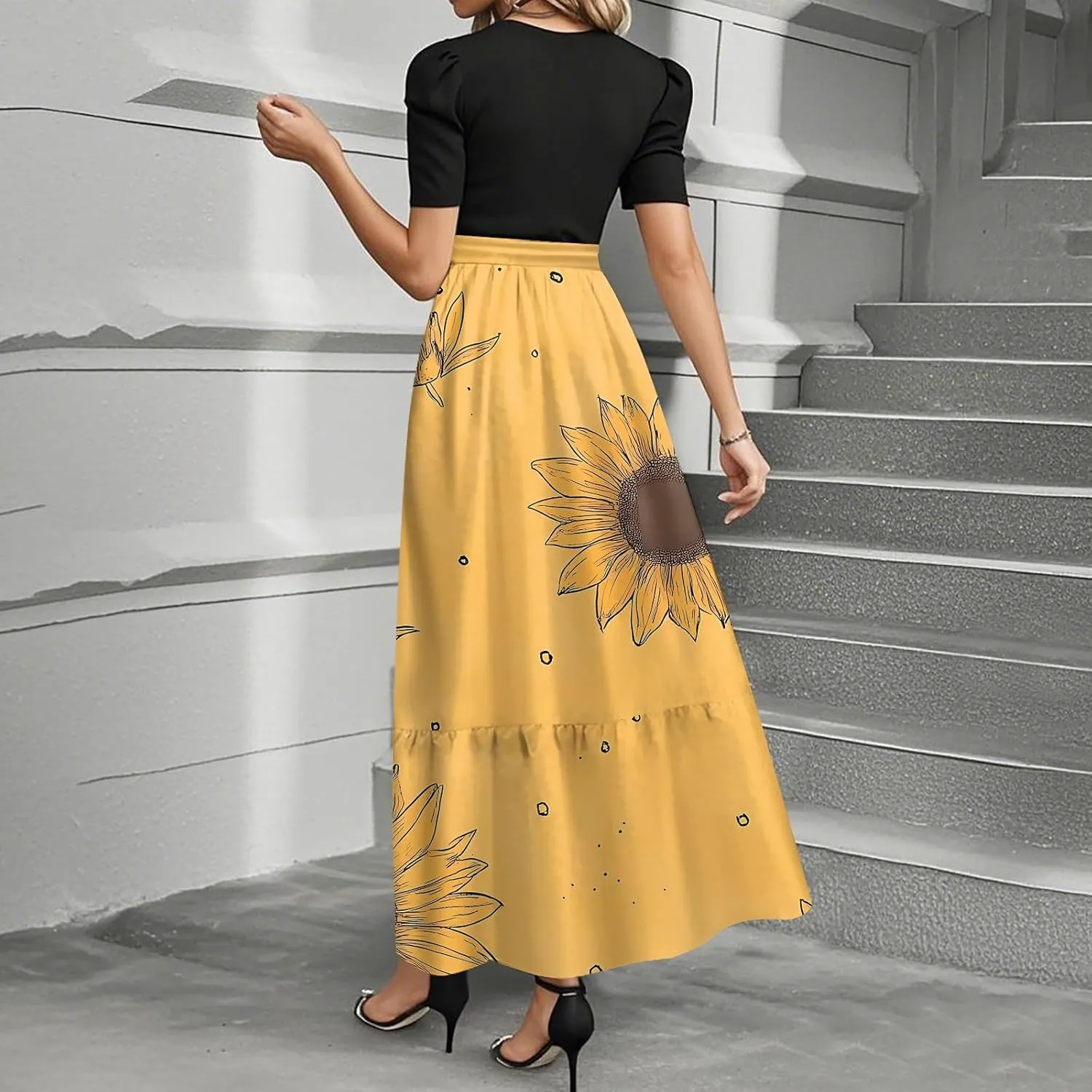 Long Floral Dresses for Women 2025 Elegant Boho Tie Belted Patchwork Empire Waist Short Sleeve Modest Flowy Maxi Dress