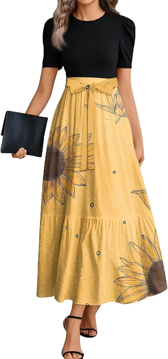 Long Floral Dresses for Women 2025 Elegant Boho Tie Belted Patchwork Empire Waist Short Sleeve Modest Flowy Maxi Dress