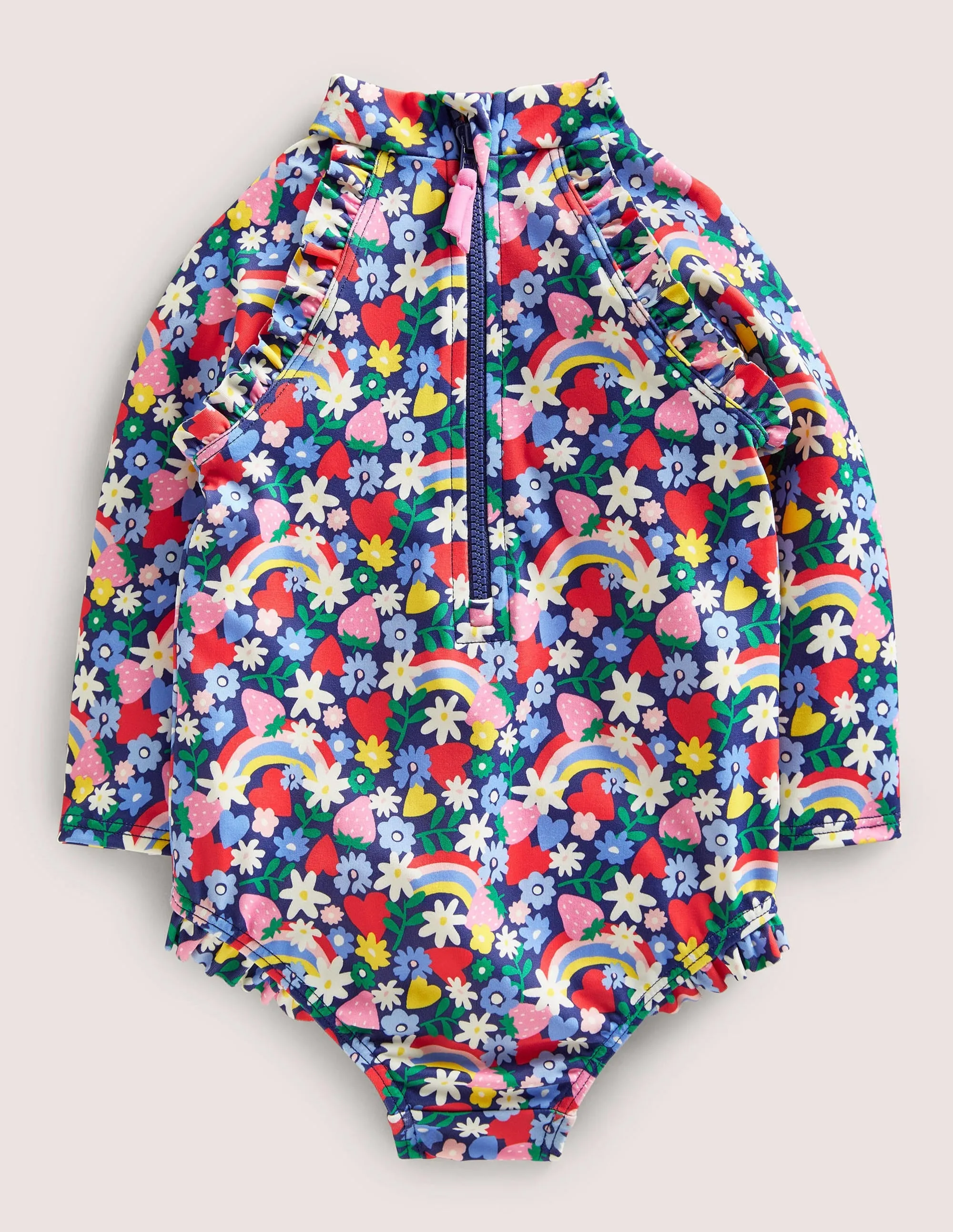 Long Sleeve Frilly Swimsuit-Starboard Rainbow Ditsy