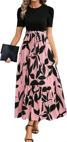 Maxi Dresses for Women 2025 Short Sleeve Tie Waist Boho Dress Floral Printed Tiered Flowy A Line Summer Sundress