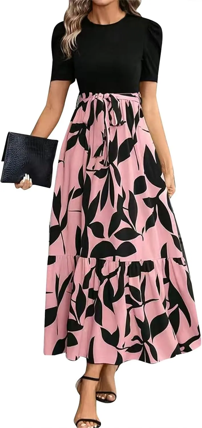 Maxi Dresses for Women 2025 Short Sleeve Tie Waist Boho Dress Floral Printed Tiered Flowy A Line Summer Sundress