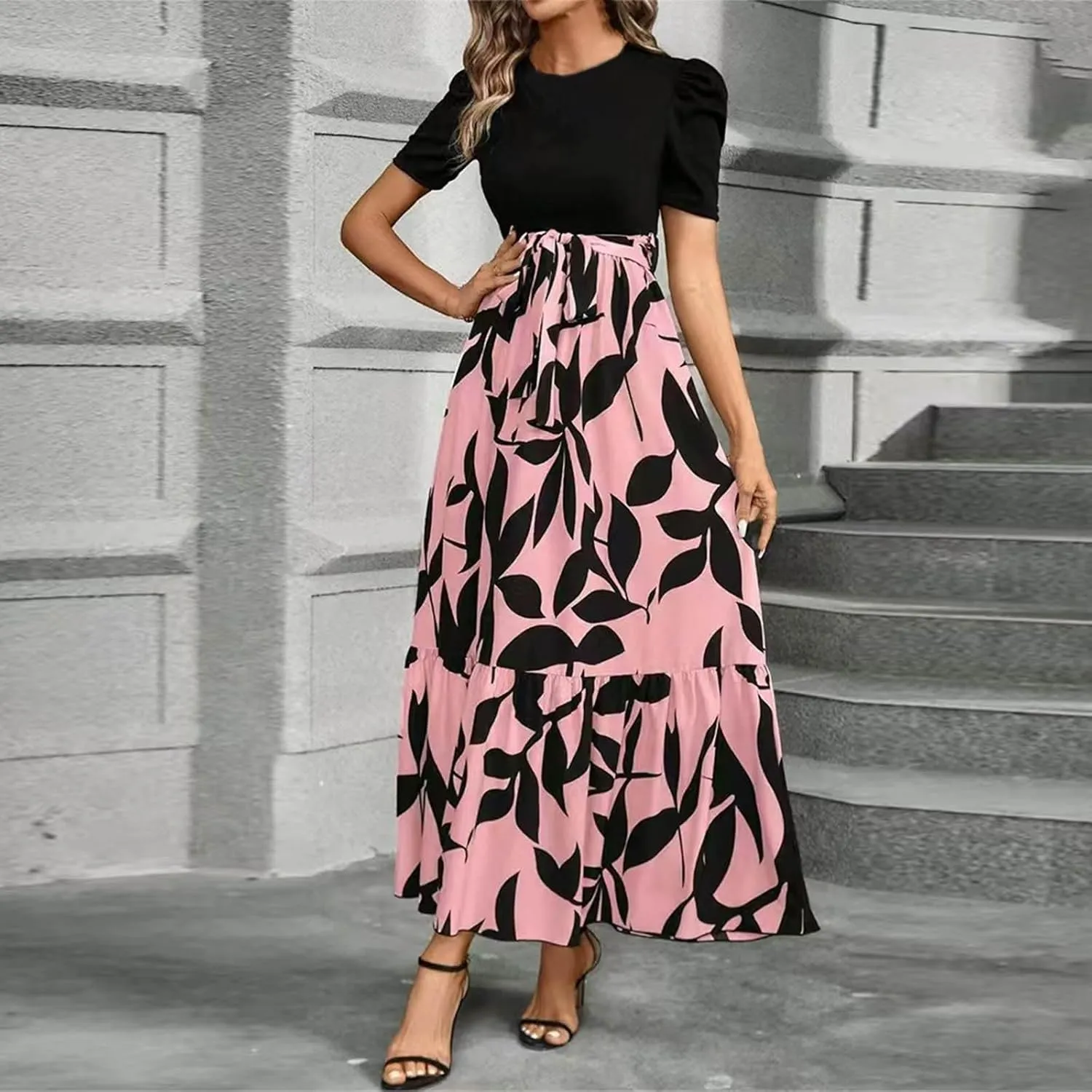 Maxi Dresses for Women 2025 Short Sleeve Tie Waist Boho Dress Floral Printed Tiered Flowy A Line Summer Sundress