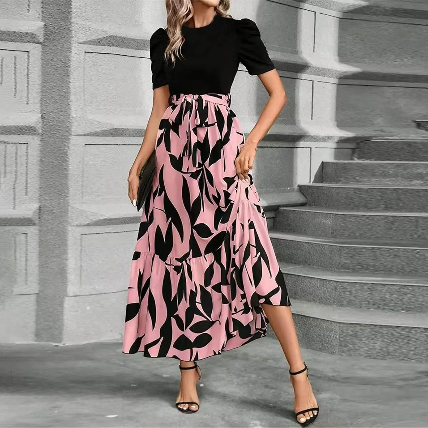 Maxi Dresses for Women 2025 Short Sleeve Tie Waist Boho Dress Floral Printed Tiered Flowy A Line Summer Sundress