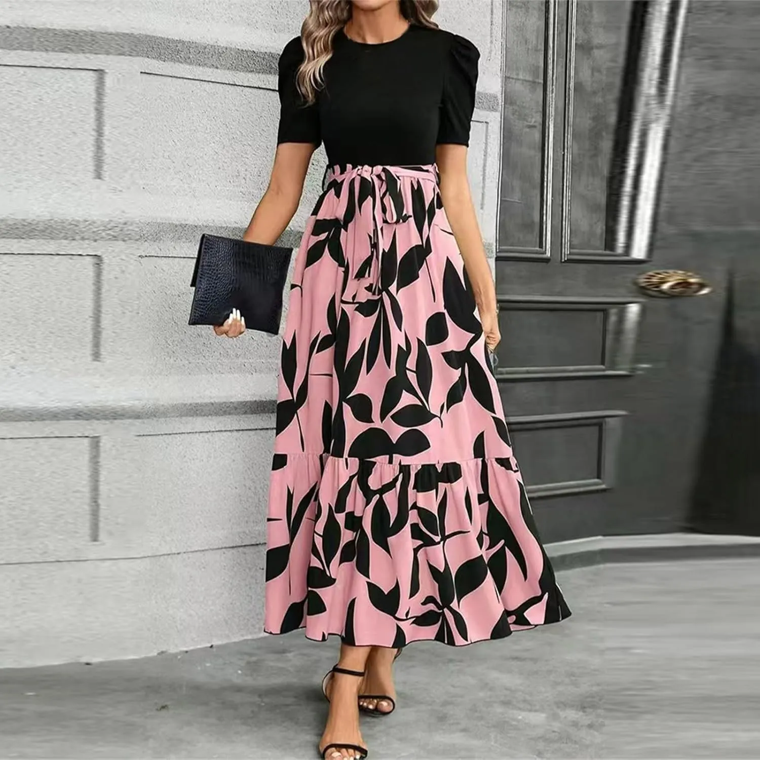 Maxi Dresses for Women 2025 Short Sleeve Tie Waist Boho Dress Floral Printed Tiered Flowy A Line Summer Sundress