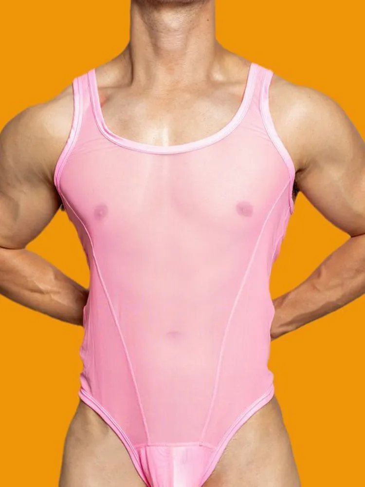 Mens Sexy  Perspective Jumpsuit Shaping Fitness Underwear