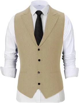 Men's Tweed Notch Lapel Suit Vintage Vest Herringbone Wool Prom Waistcoat Groomsmen XS-4XL