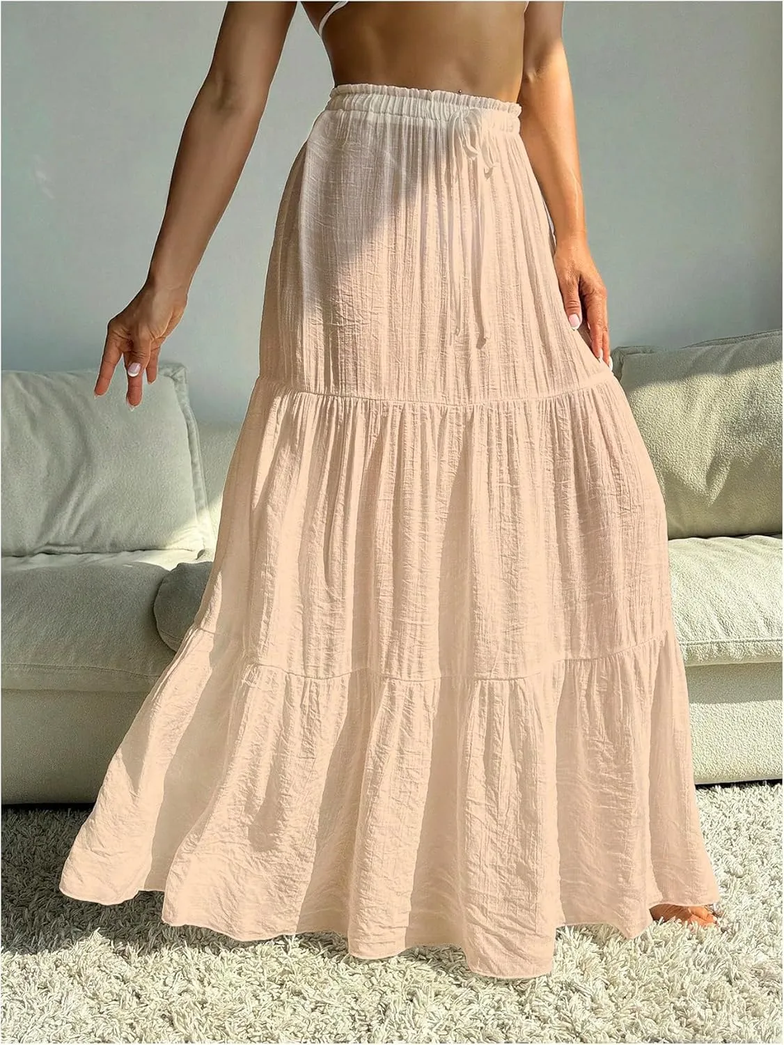 Milumia Women's Sheer Linen Swimsuit Cover Up Skirt Ruffle Tiered Long Beach Coverup Maxi Skirt