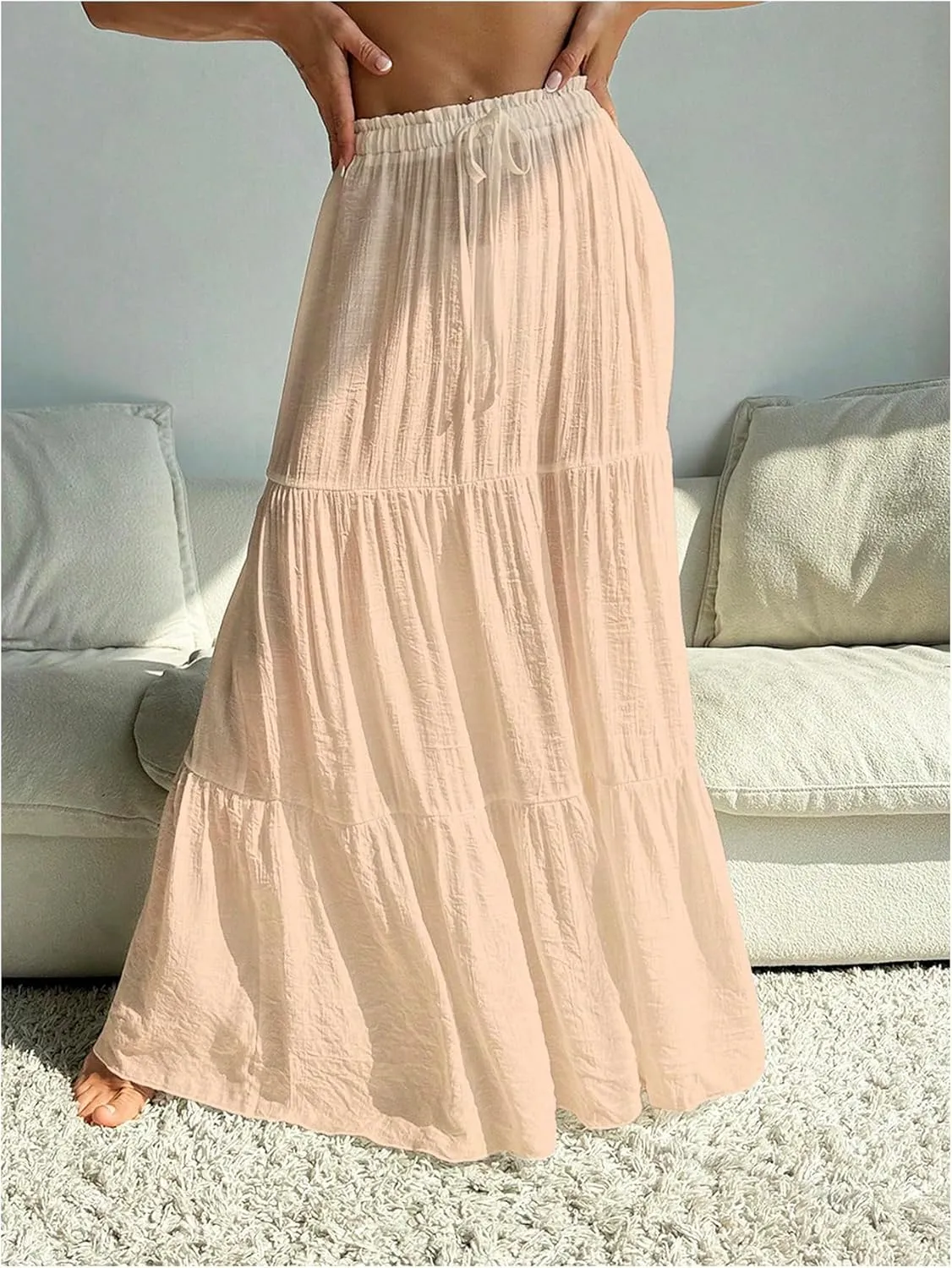 Milumia Women's Sheer Linen Swimsuit Cover Up Skirt Ruffle Tiered Long Beach Coverup Maxi Skirt