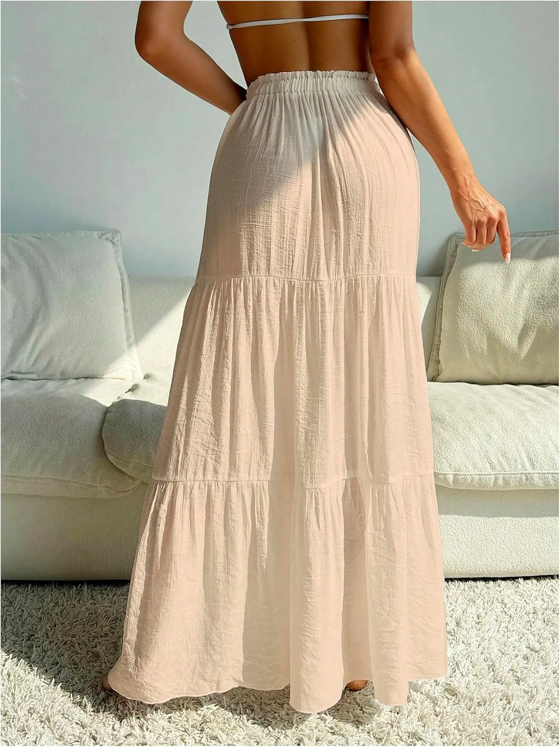 Milumia Women's Sheer Linen Swimsuit Cover Up Skirt Ruffle Tiered Long Beach Coverup Maxi Skirt