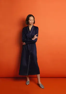 Mulberry Silk Robe - Midnight Navy with Ivory Piping