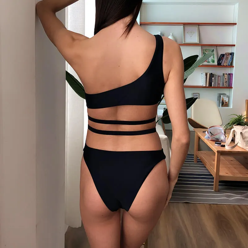 One Shoulder Backless Cutout Print High Cut Swimsuits