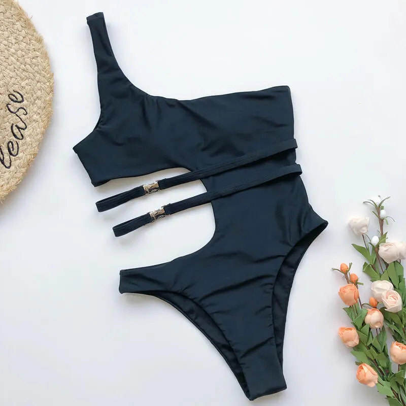 One Shoulder Backless Cutout Print High Cut Swimsuits