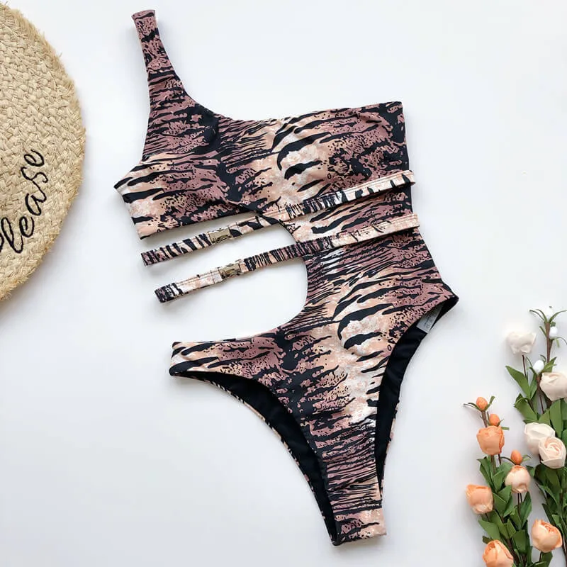 One Shoulder Backless Cutout Print High Cut Swimsuits