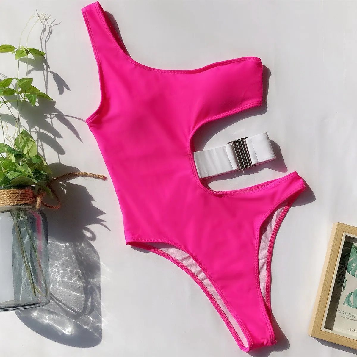 One Shoulder Print Cutout High Cut Swimsuit