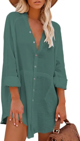 Pink Queen Women's V Neck Long Sleeve Button Down Blouse Tunic Shirt Mini Dress with Pockets