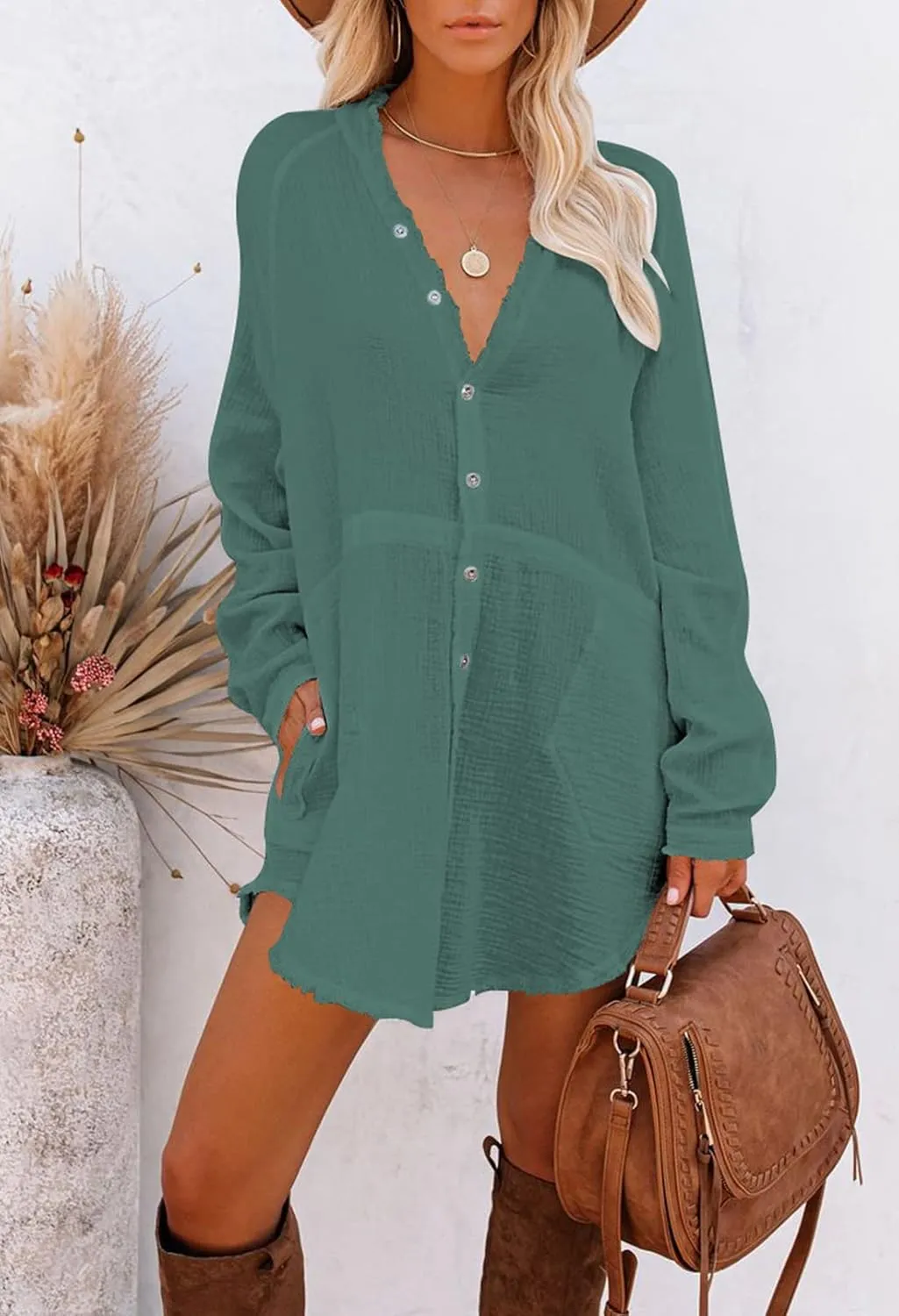Pink Queen Women's V Neck Long Sleeve Button Down Blouse Tunic Shirt Mini Dress with Pockets