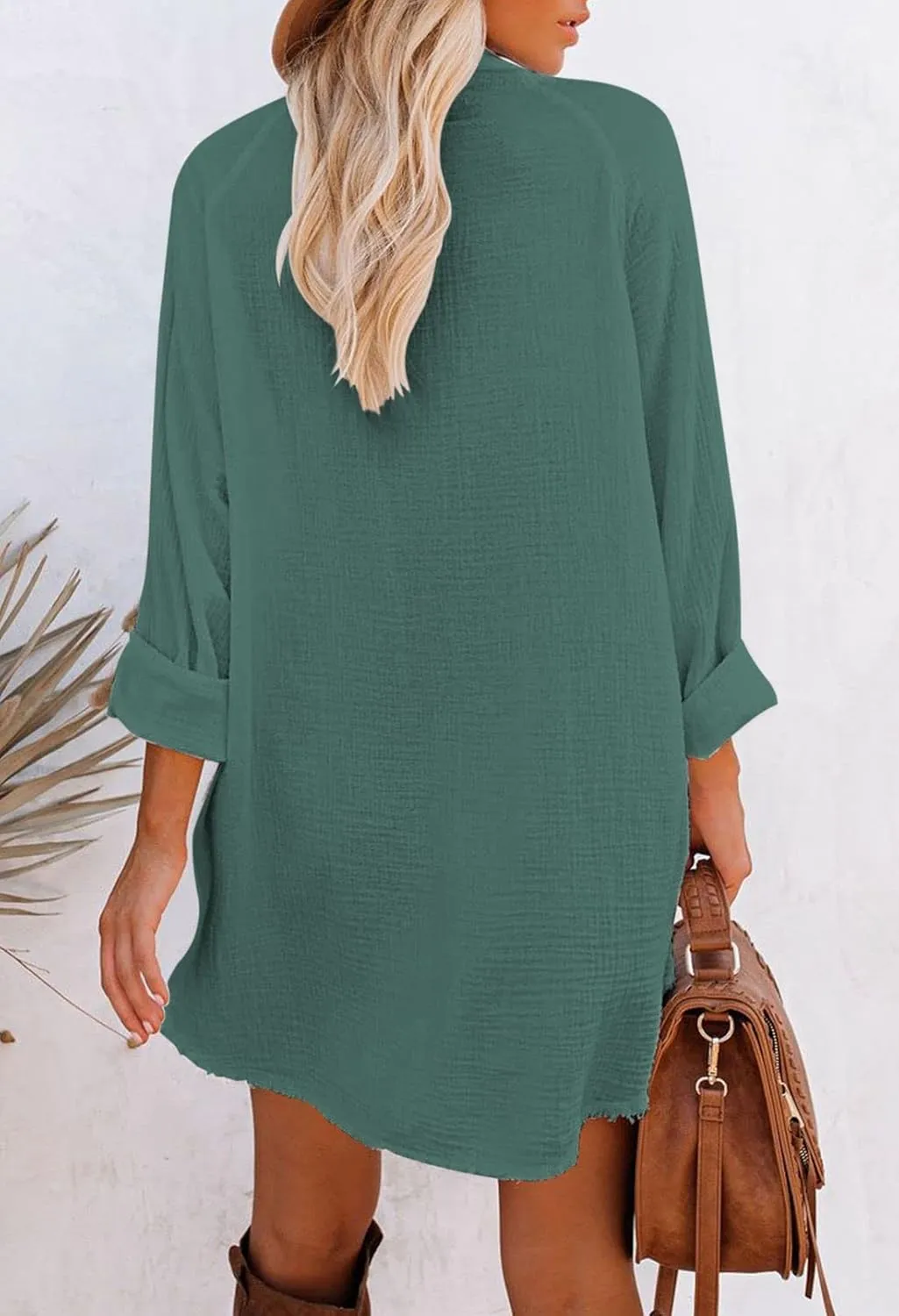 Pink Queen Women's V Neck Long Sleeve Button Down Blouse Tunic Shirt Mini Dress with Pockets