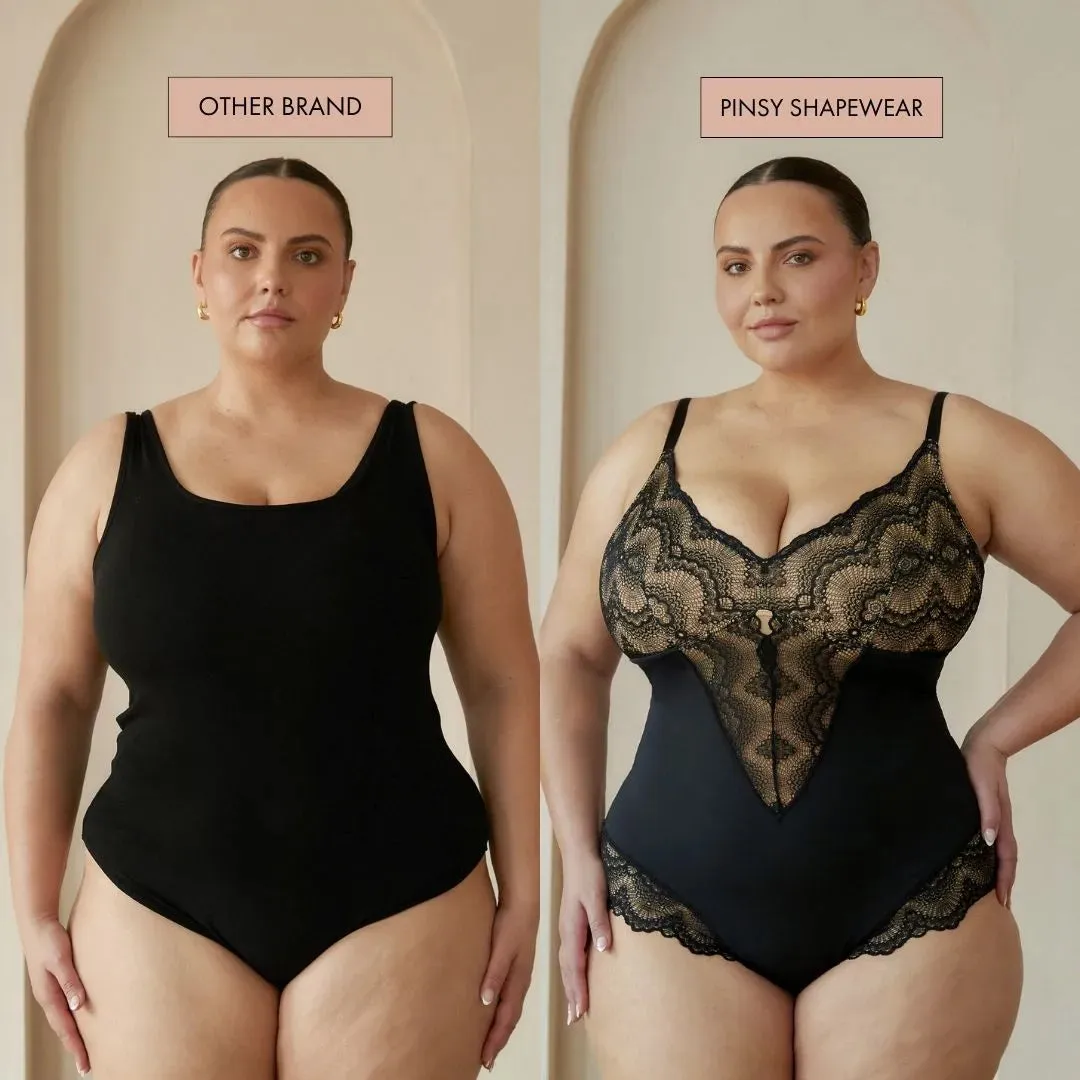 Pinsy Shapewear Sculpting Lace Shapewear Bodysuit in Black