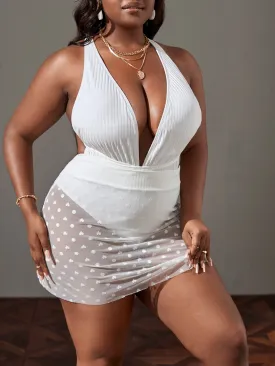 Plus Size Crisscross One Piece Swimsuit Polka Dot Heart Print Beach Skirt