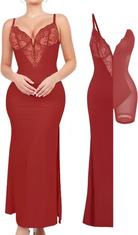 Popilush Lace Cocktail Dresses for Women - Deep V Neck Shapewear Satin high Slit Bodycon Maxi Dress - Party Date Night