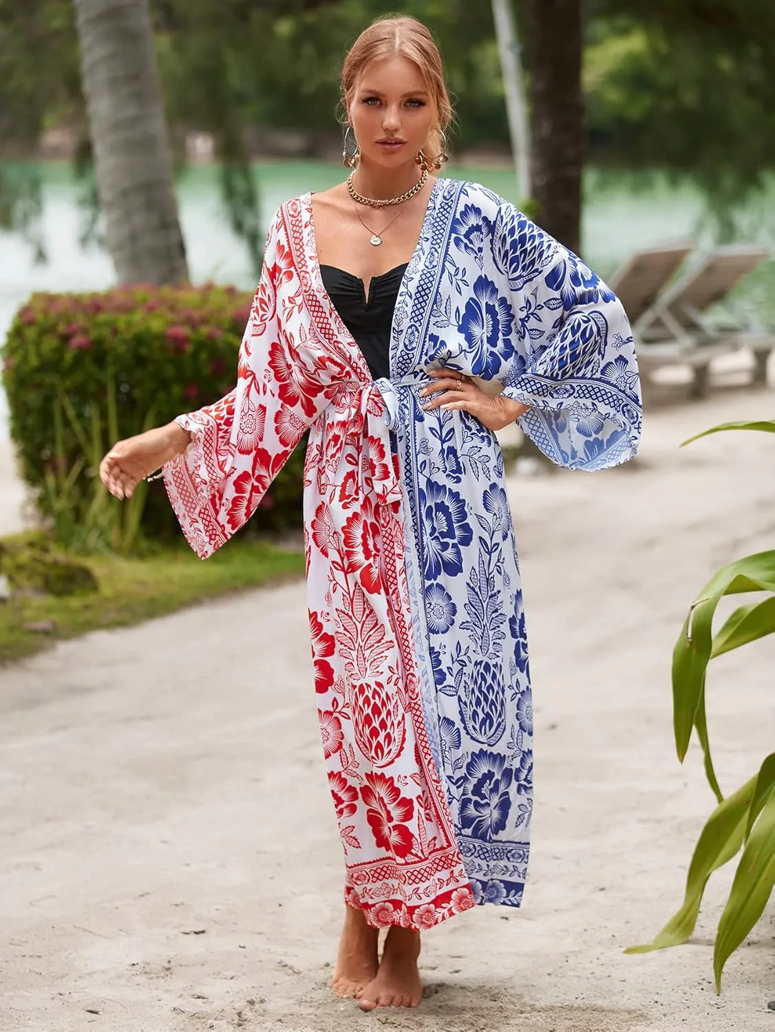 RanRui Kimono Robe Women Open Front Kimono Duster Robes with Belt Loose Over Sized