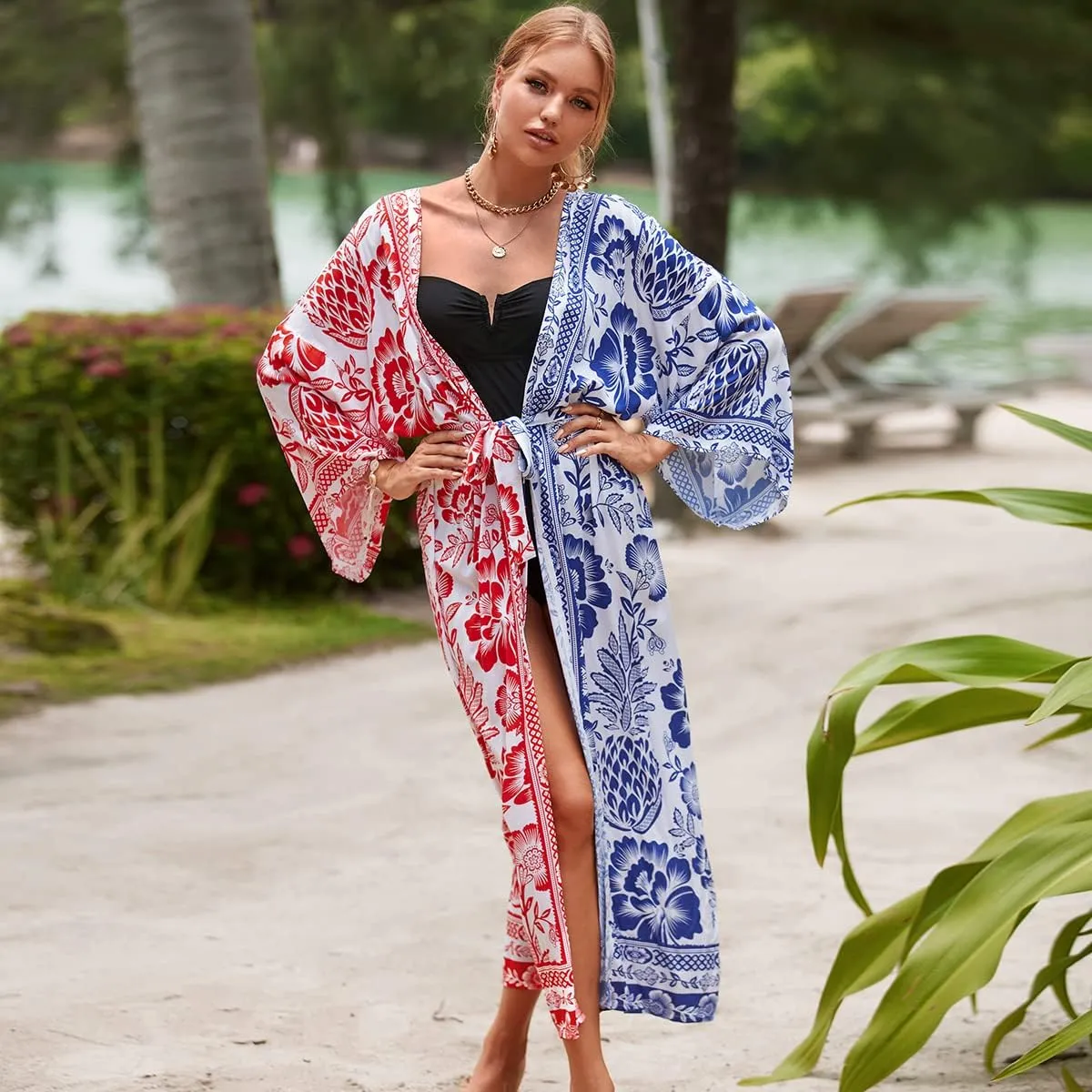 RanRui Kimono Robe Women Open Front Kimono Duster Robes with Belt Loose Over Sized