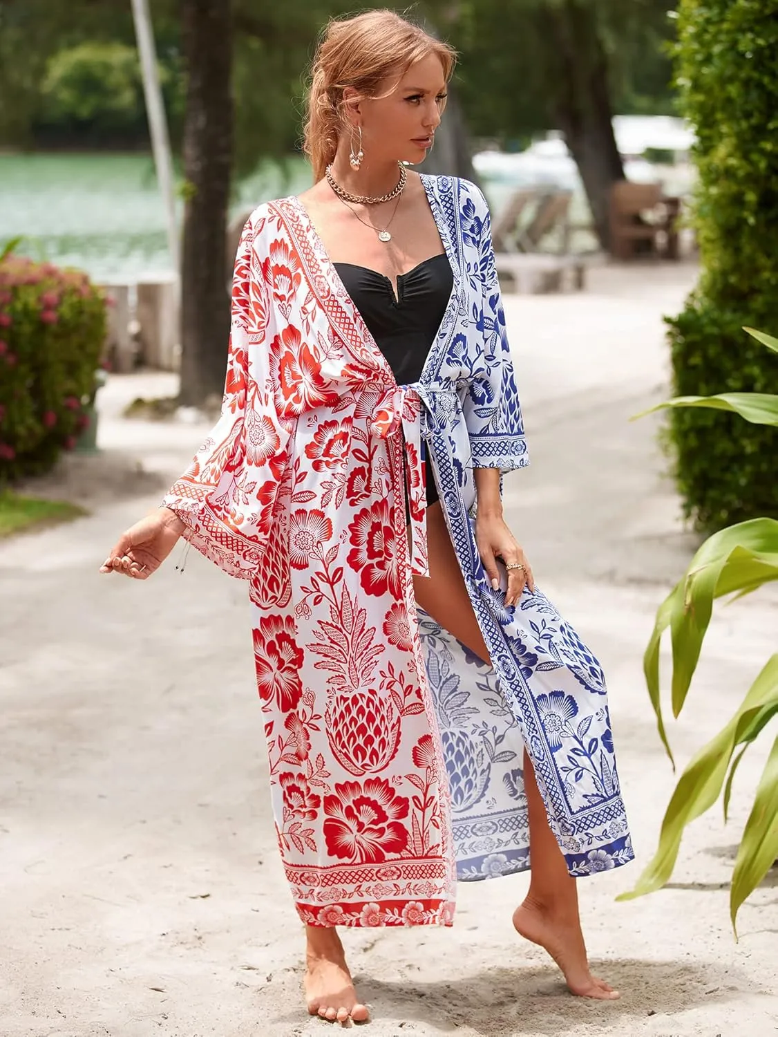 RanRui Kimono Robe Women Open Front Kimono Duster Robes with Belt Loose Over Sized