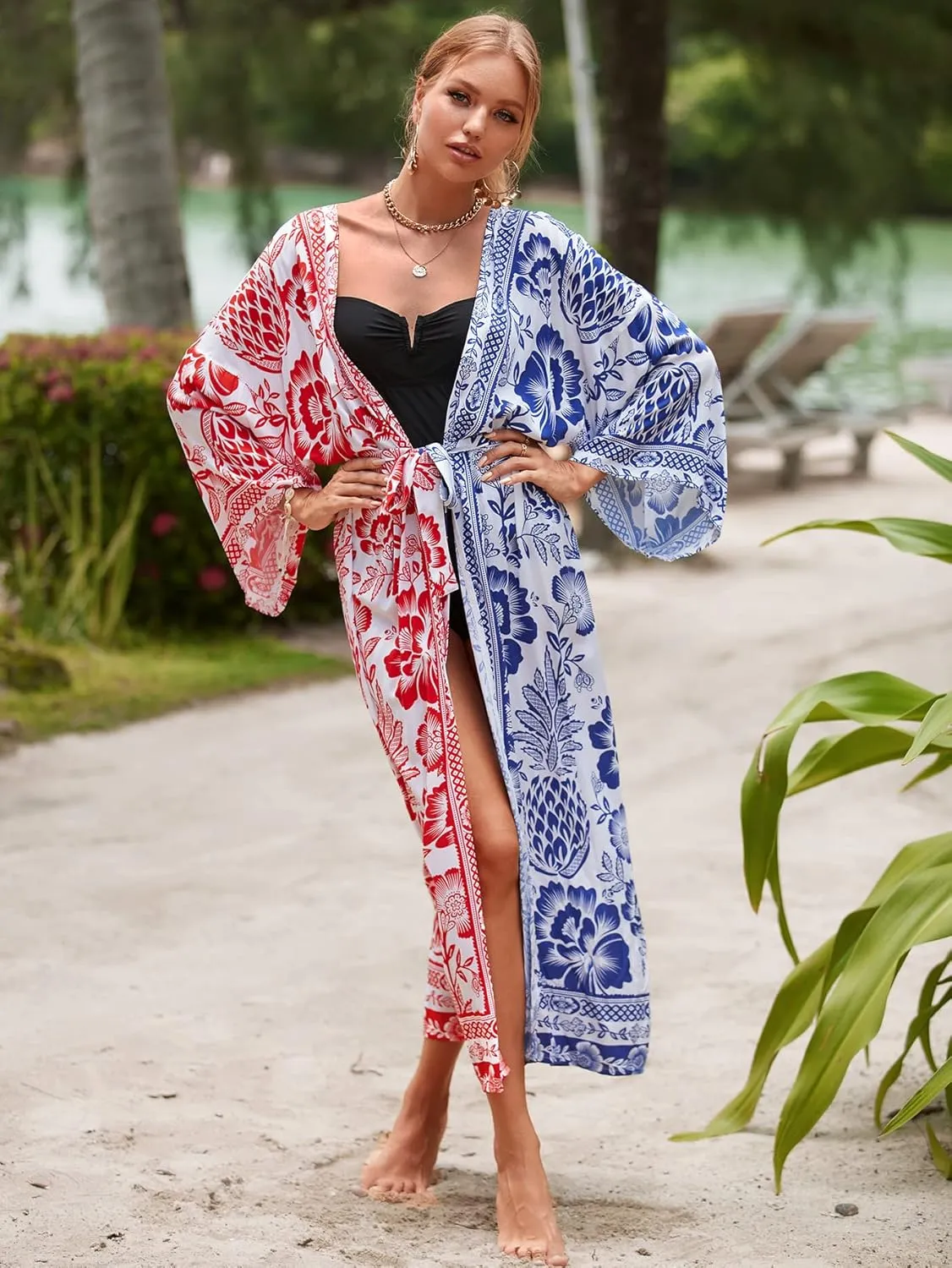 RanRui Kimono Robe Women Open Front Kimono Duster Robes with Belt Loose Over Sized