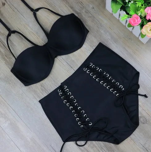 Retro Style High Waist Laced Front Two Piece Swimsuit