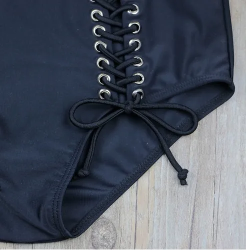 Retro Style High Waist Laced Front Two Piece Swimsuit
