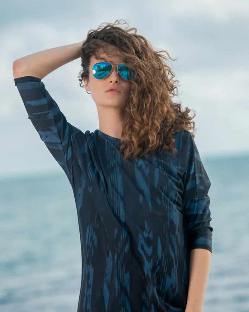 S19-FLD-BI Blue Ikat Flow Swim Dress