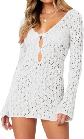 Saodimallsu Womens Crochet Cover Up Long Sleeve Sexy Bodycon Sheer Knit Summer Beach Swimsuit Coverup Cut Out Mini Dress