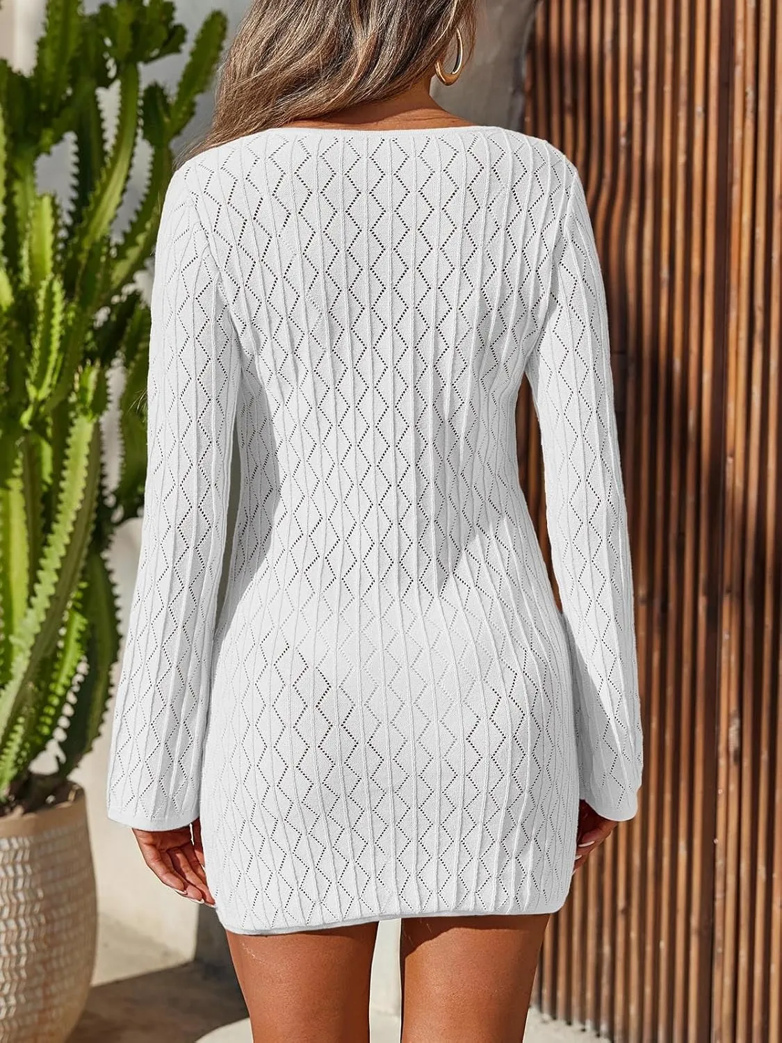 Saodimallsu Womens Crochet Cover Up Long Sleeve Sexy Bodycon Sheer Knit Summer Beach Swimsuit Coverup Cut Out Mini Dress