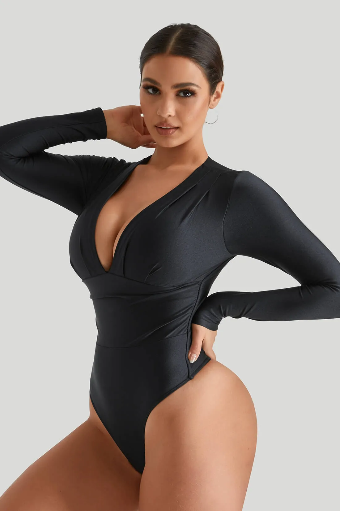 Shiny Fabrics Bodysuit With Built-in Shapewear