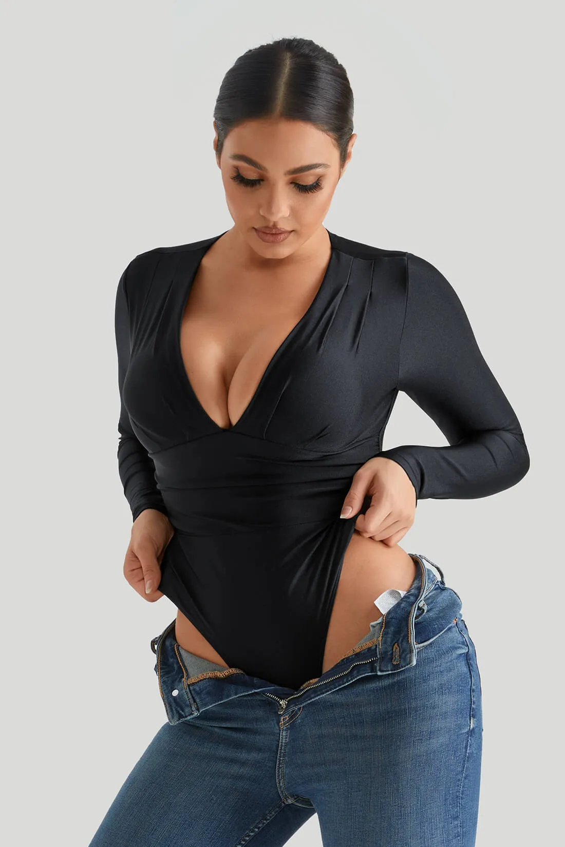 Shiny Fabrics Bodysuit With Built-in Shapewear