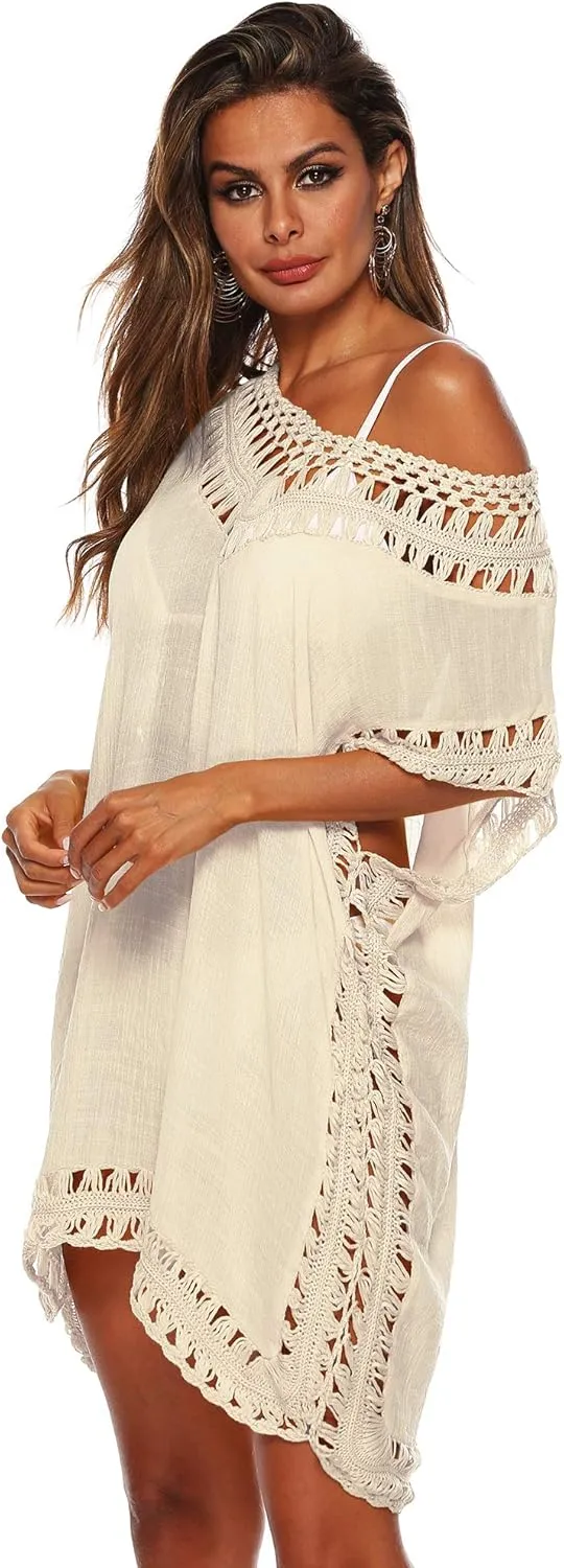 SIAEAMRG Swimsuit Cover Ups for Women, V Neck Hollow Out Swim Coverup Crochet Chiffon Summer Beach Cover Up Dress