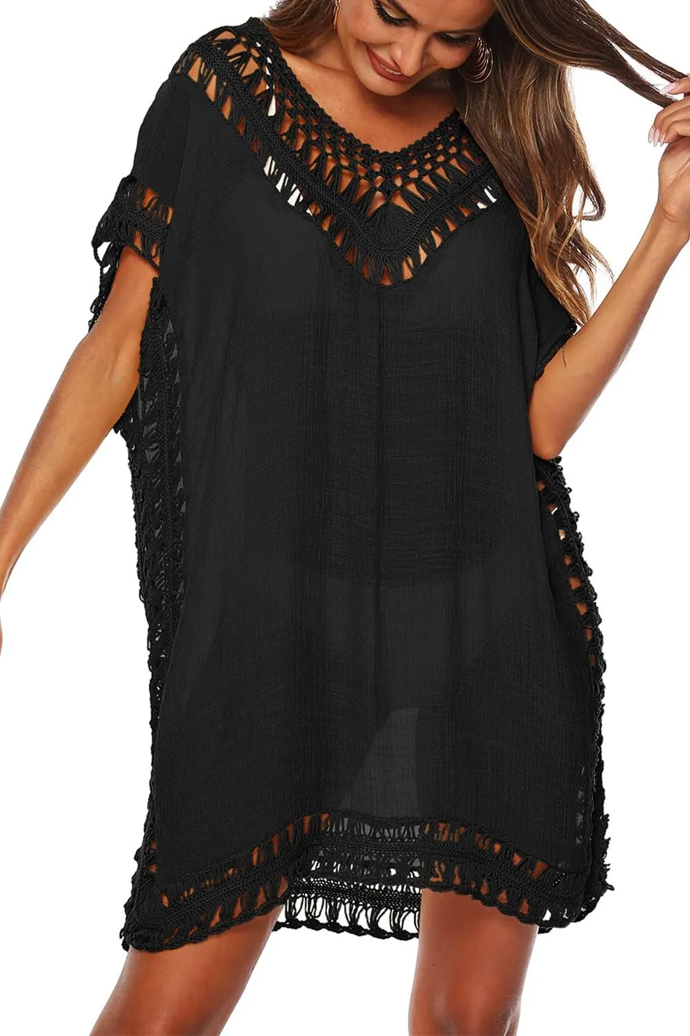 SIAEAMRG Swimsuit Cover Ups for Women, V Neck Hollow Out Swim Coverup Crochet Chiffon Summer Beach Cover Up Dress