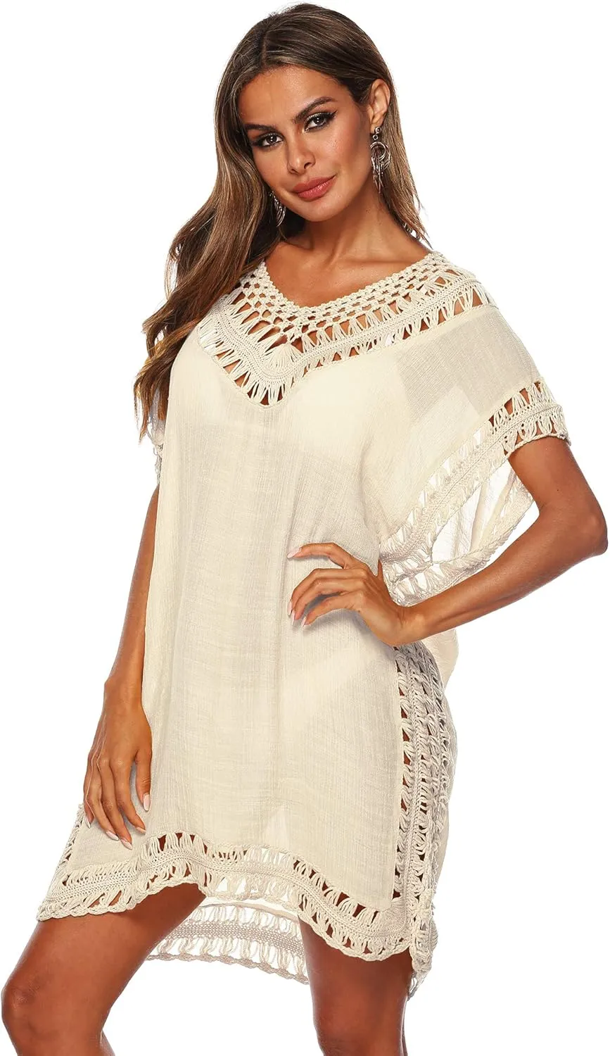 SIAEAMRG Swimsuit Cover Ups for Women, V Neck Hollow Out Swim Coverup Crochet Chiffon Summer Beach Cover Up Dress