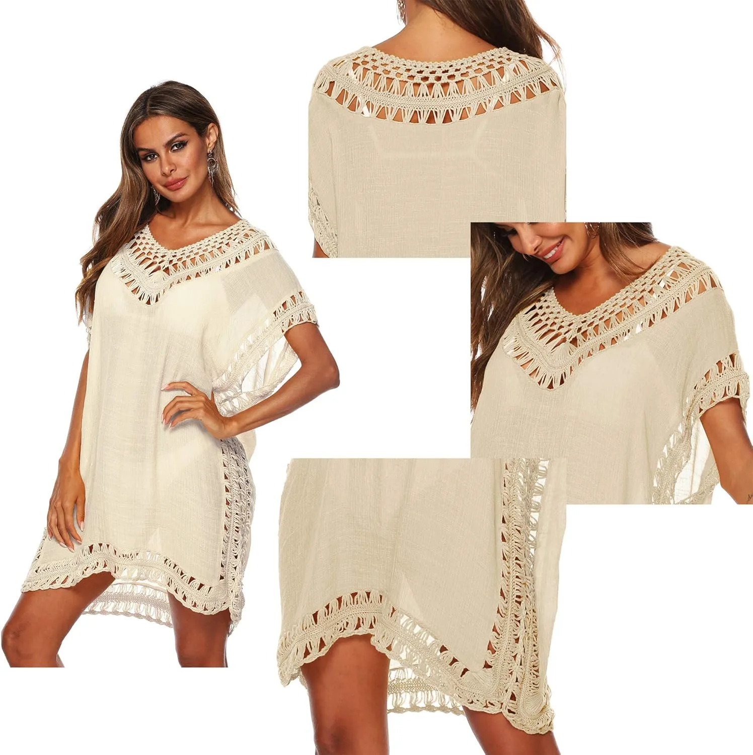 SIAEAMRG Swimsuit Cover Ups for Women, V Neck Hollow Out Swim Coverup Crochet Chiffon Summer Beach Cover Up Dress