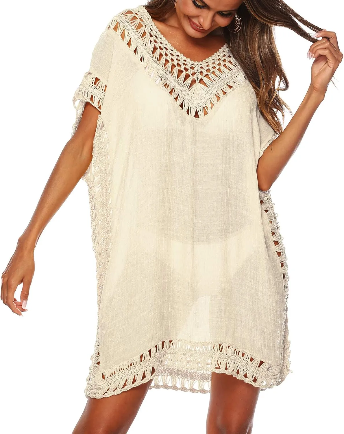 SIAEAMRG Swimsuit Cover Ups for Women, V Neck Hollow Out Swim Coverup Crochet Chiffon Summer Beach Cover Up Dress