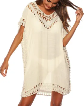 SIAEAMRG Swimsuit Cover Ups for Women, V Neck Hollow Out Swim Coverup Crochet Chiffon Summer Beach Cover Up Dress