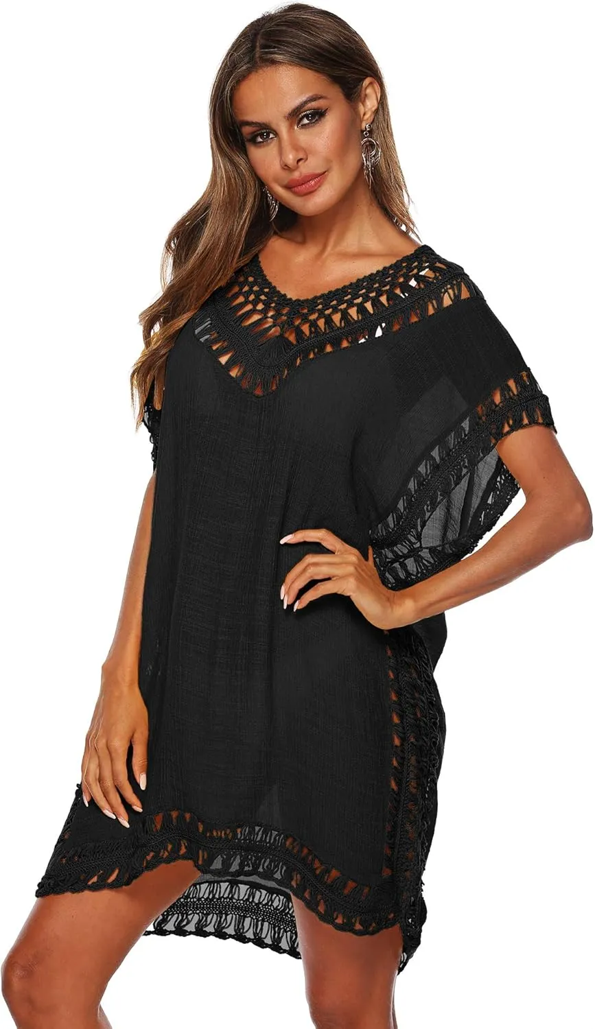 SIAEAMRG Swimsuit Cover Ups for Women, V Neck Hollow Out Swim Coverup Crochet Chiffon Summer Beach Cover Up Dress