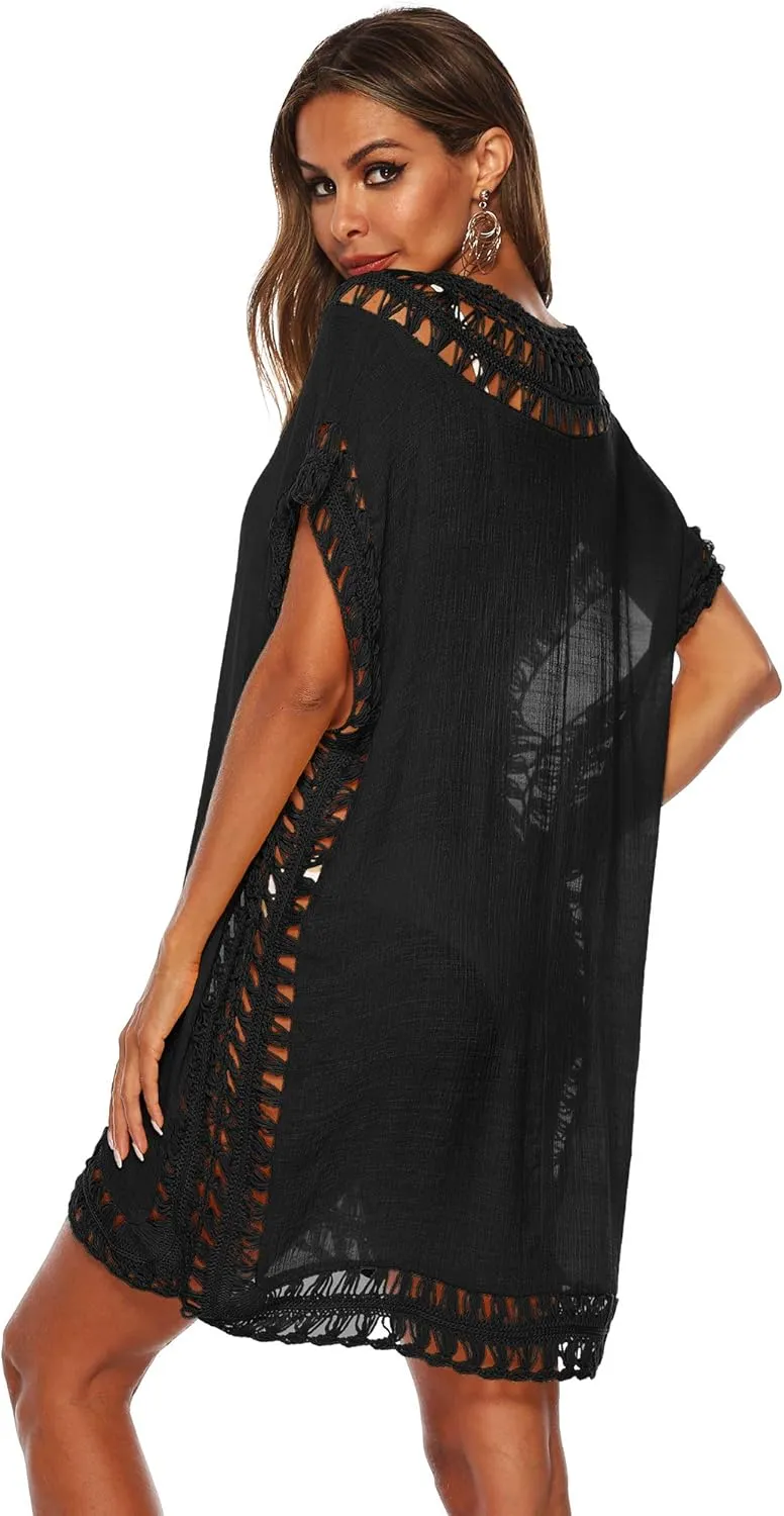 SIAEAMRG Swimsuit Cover Ups for Women, V Neck Hollow Out Swim Coverup Crochet Chiffon Summer Beach Cover Up Dress