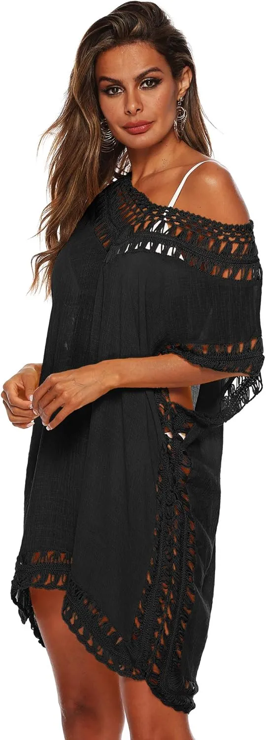 SIAEAMRG Swimsuit Cover Ups for Women, V Neck Hollow Out Swim Coverup Crochet Chiffon Summer Beach Cover Up Dress