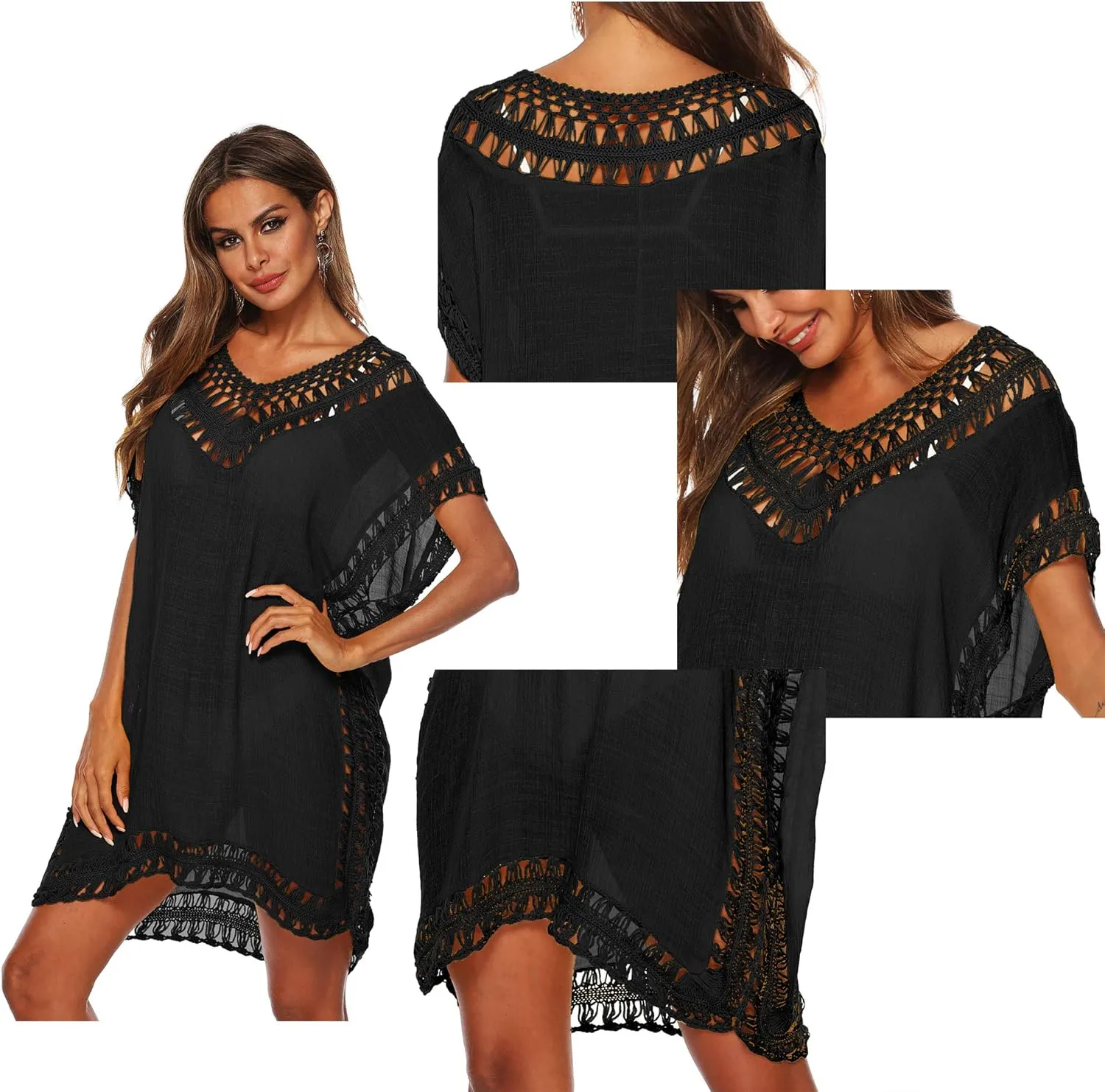 SIAEAMRG Swimsuit Cover Ups for Women, V Neck Hollow Out Swim Coverup Crochet Chiffon Summer Beach Cover Up Dress
